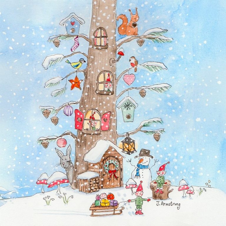 Unique Illustrated Xmas Card Elves Tree